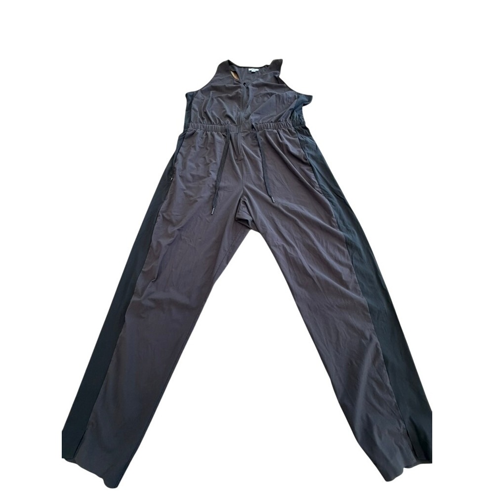 FLX Womens Sleeveless Athletic Jumpsuit Grey Black Zip Front Drawstring XL‎